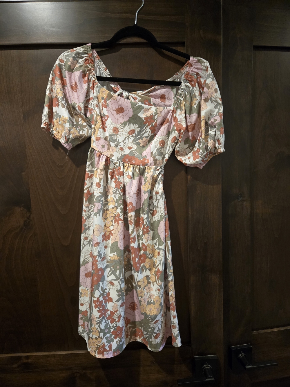 Floral Puff-Sleeve Midi Dress in Pink and Brown